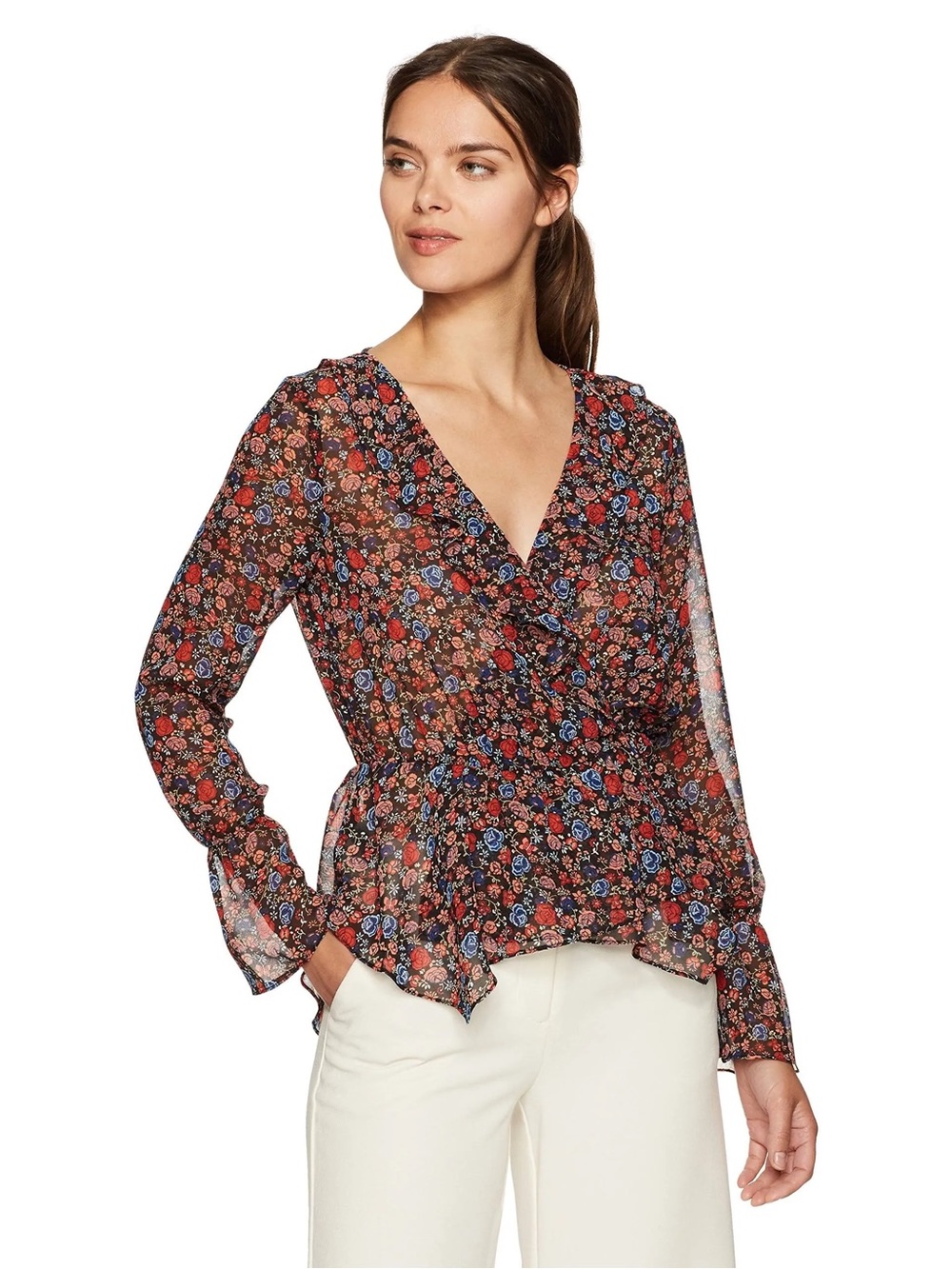 BCBGeneration Ruffled Floral Chiffon Peplum Blouse Size XXS